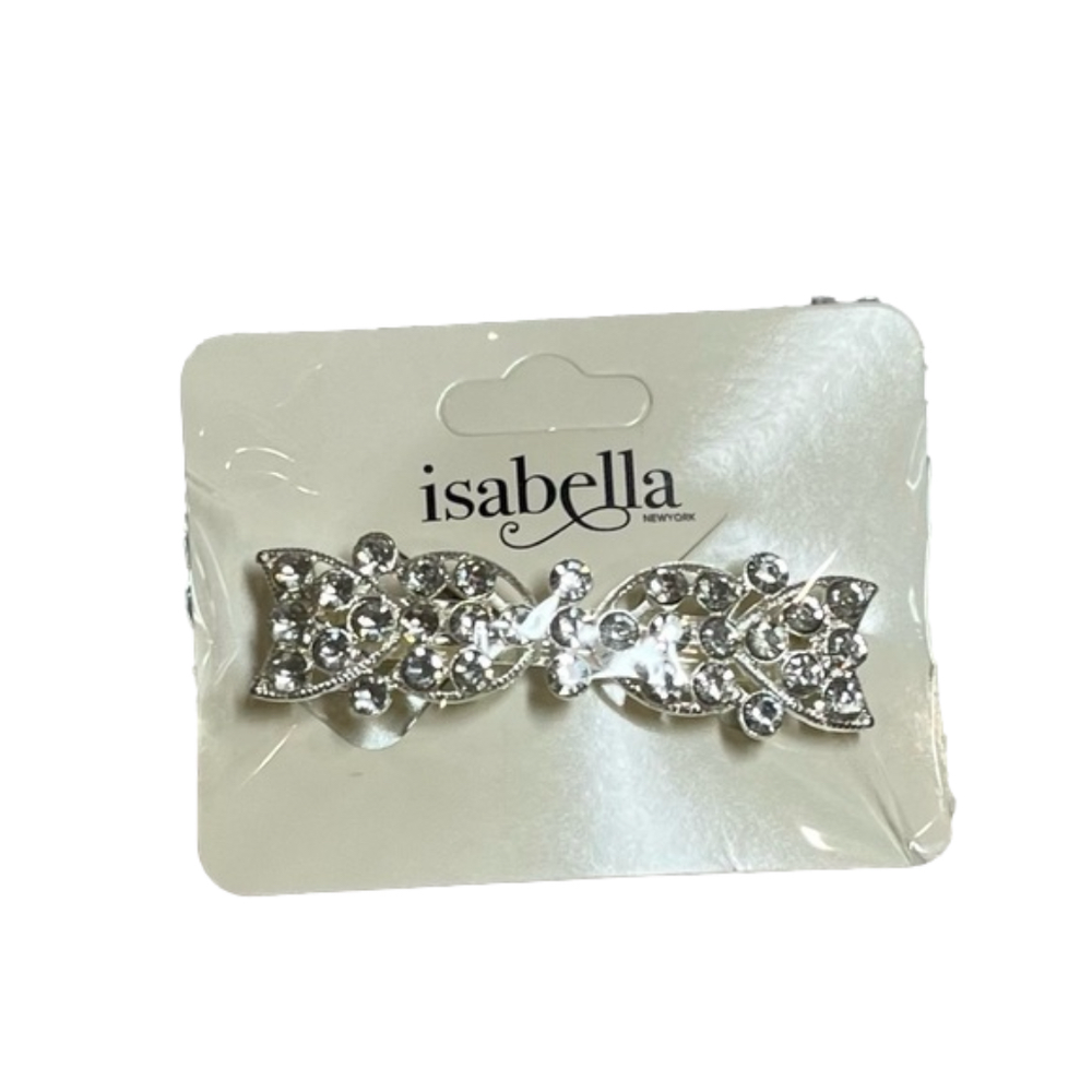 Rhinestone on silver hair barrette. 2.5” x .75”